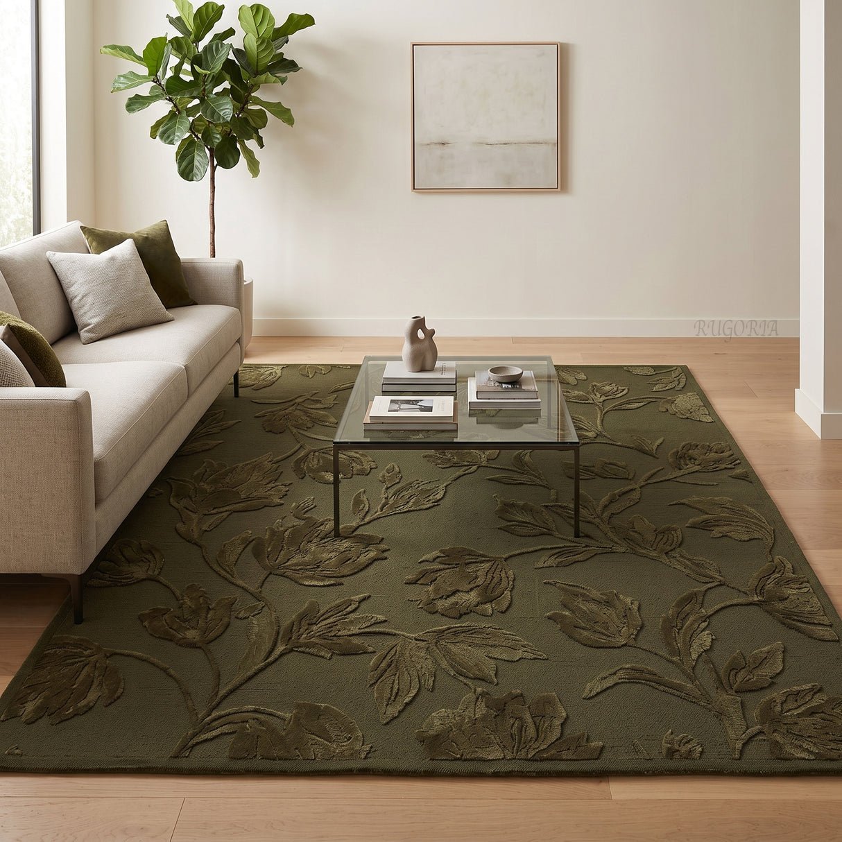 Hand Tufted Floral Wool Area Rug, Raised Botanical Carved Design