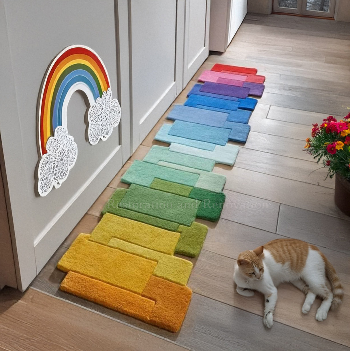 Colorful rainbow rug on wooden floor.