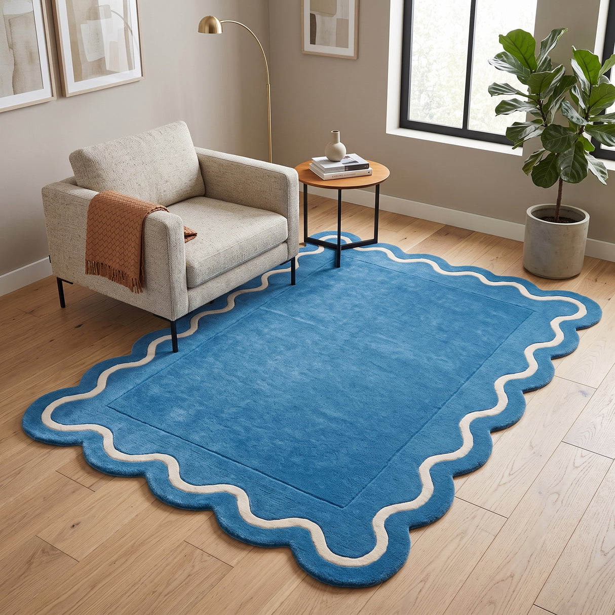Modern Hand Tufted Wool Rug | Handmade Scalloped Border Carpet