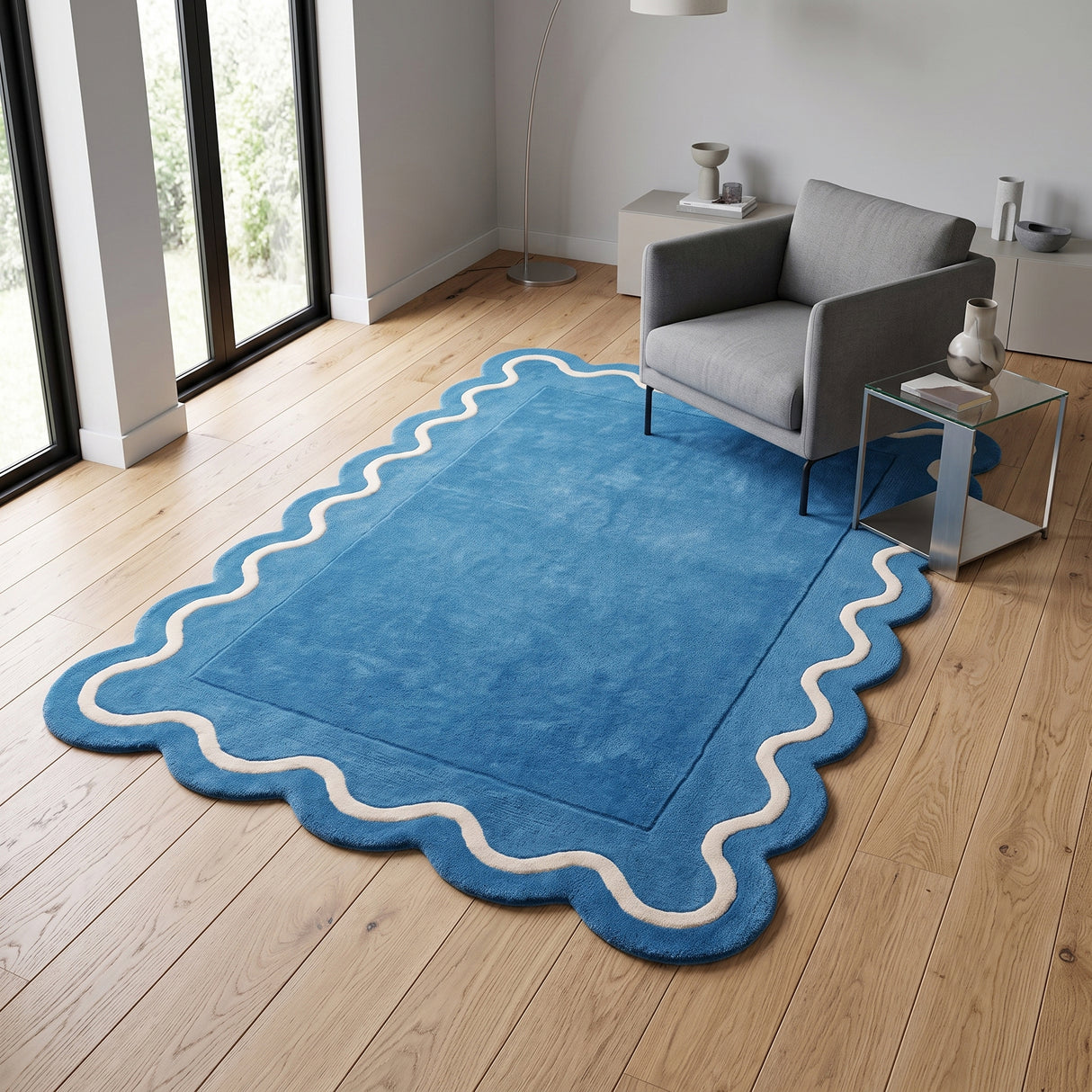 Modern Hand Tufted Wool Rug | Handmade Scalloped Border Carpet