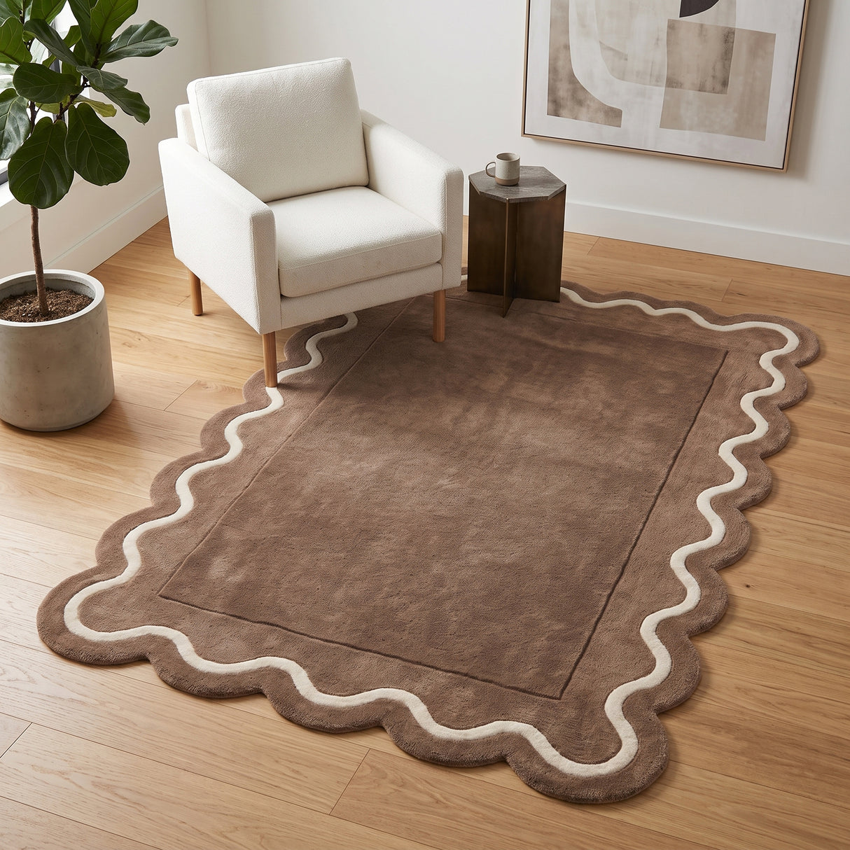Modern Hand Tufted Wool Rug | Handmade Scalloped Border Carpet
