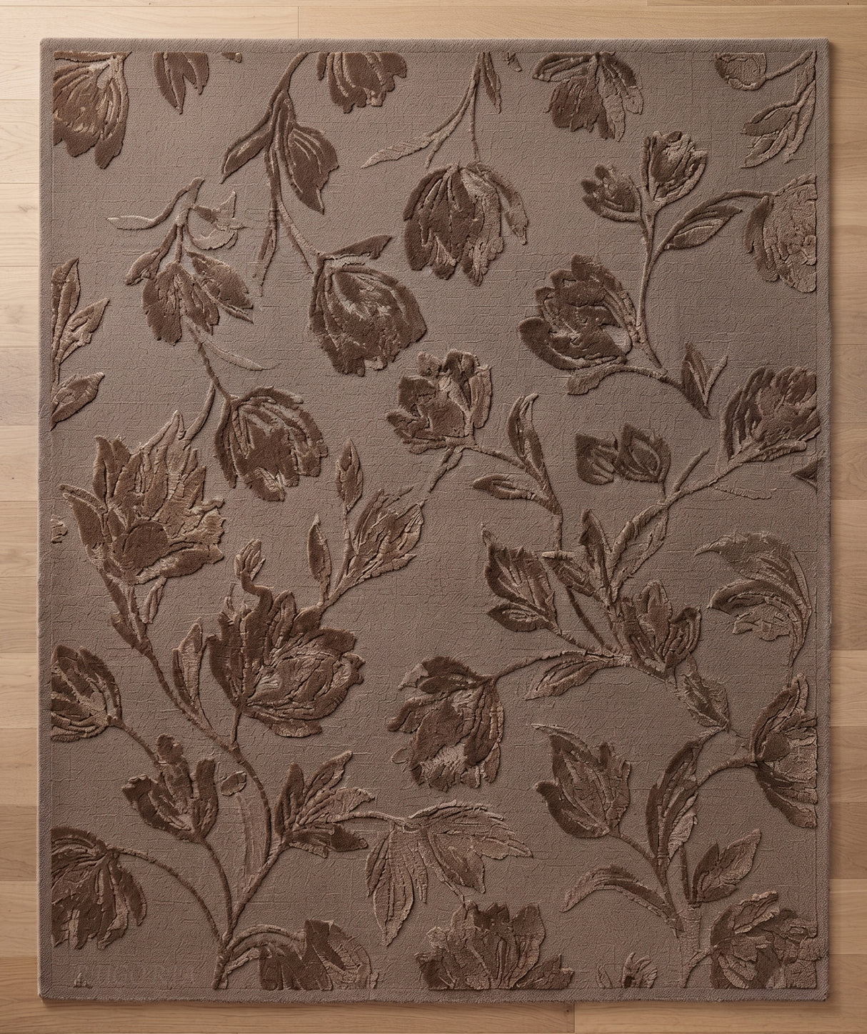 Hand Tufted Floral Wool Area Rug, Raised Botanical Carved Design