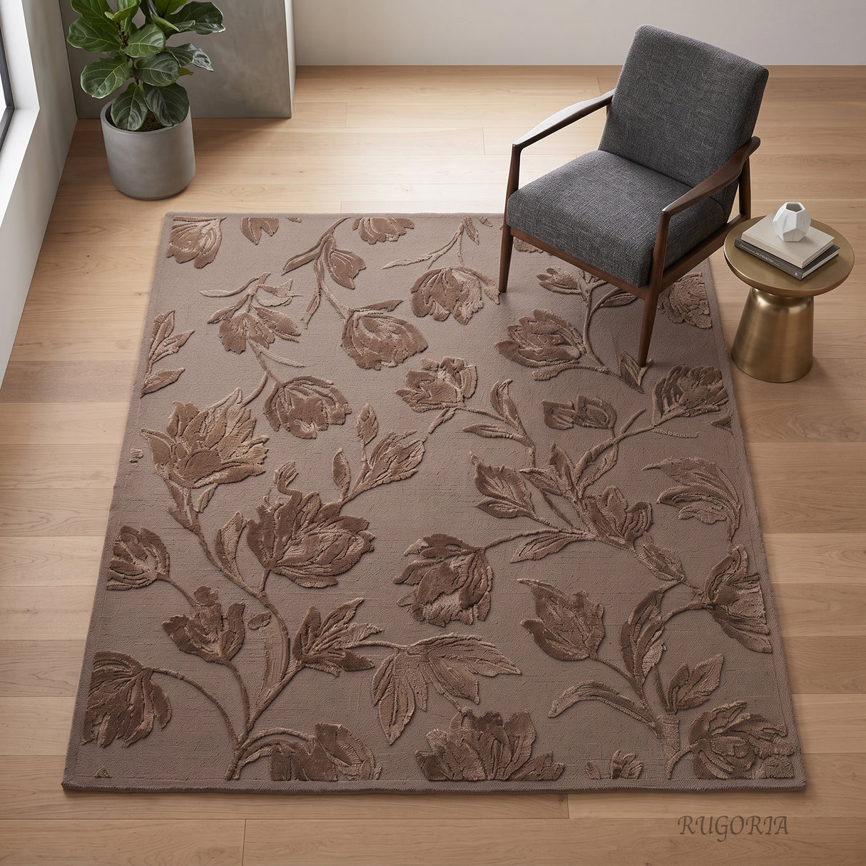 Hand Tufted Floral Wool Area Rug, Raised Botanical Carved Design
