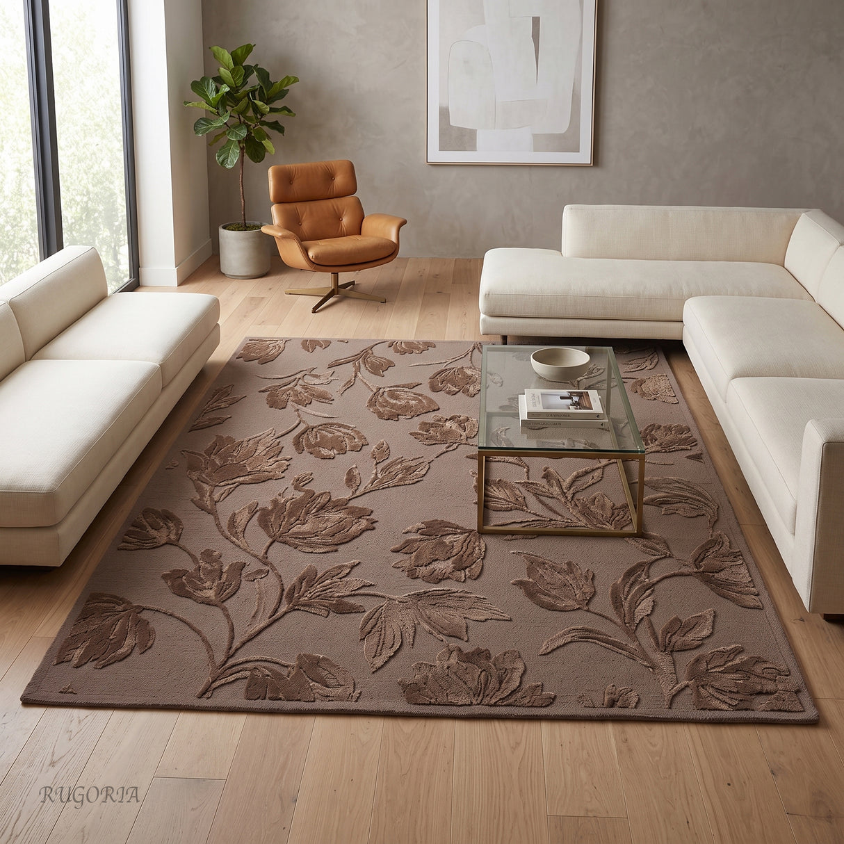 Hand Tufted Floral Wool Area Rug, Raised Botanical Carved Design