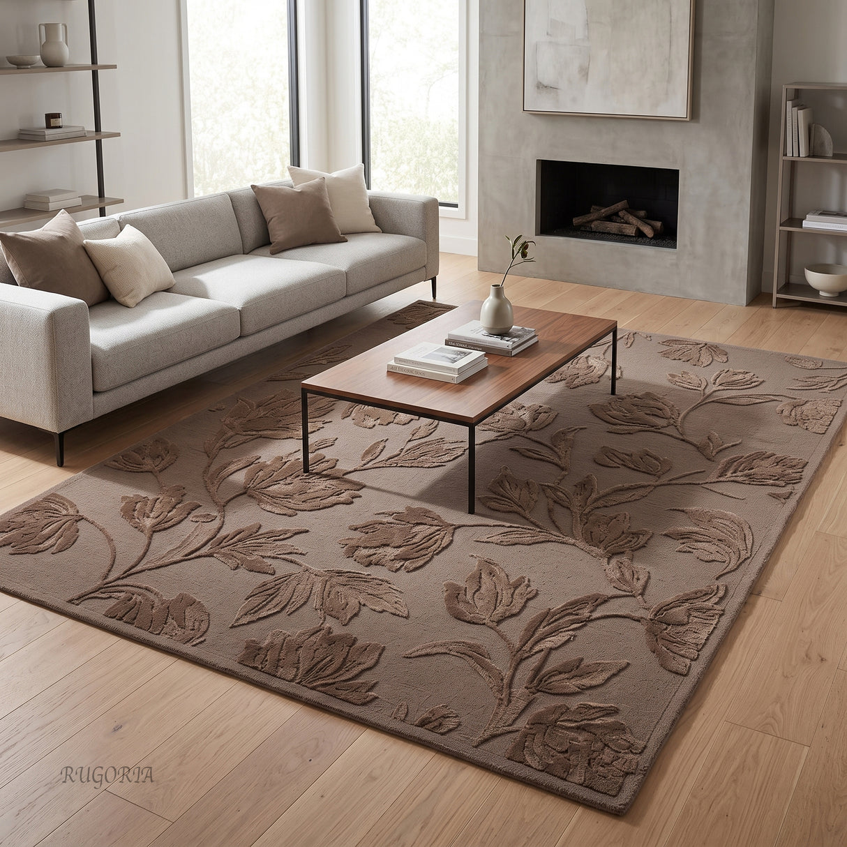 Hand Tufted Floral Wool Area Rug, Raised Botanical Carved Design