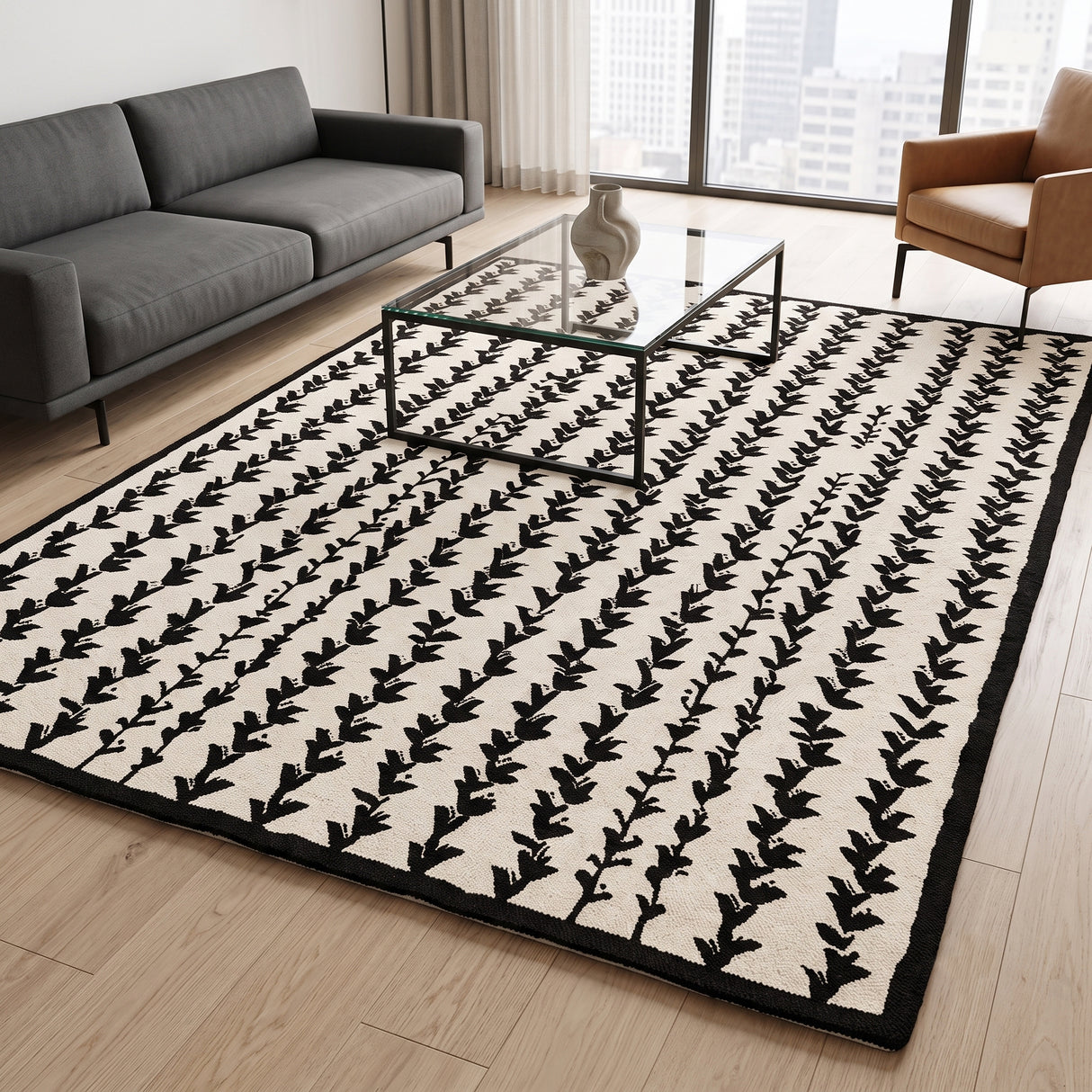 Hand-Tufted Wool Area Rug, Botanical Vine Pattern, Soft Thick Wool Carpet