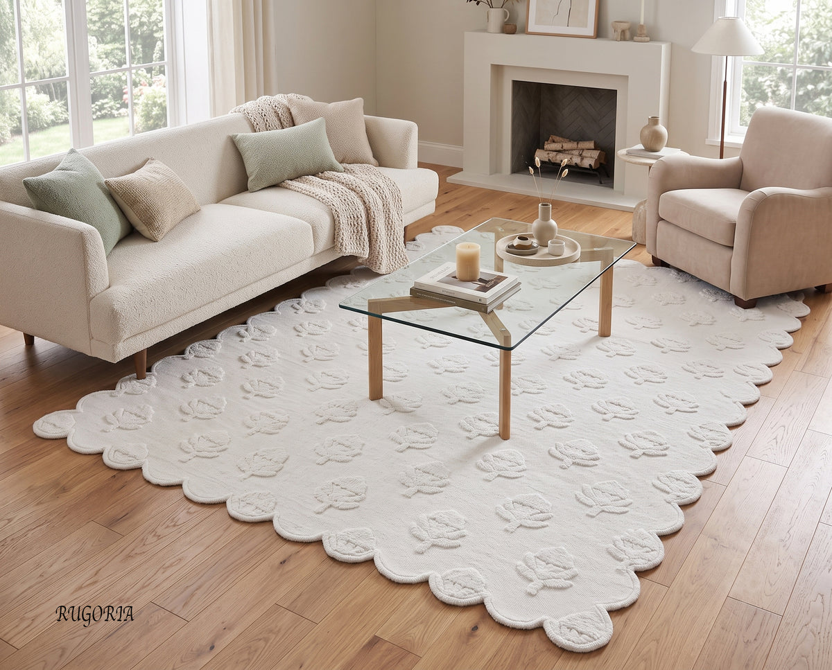 Hand Tufted Wool Area Rug, Floral Botanical Pattern with Scalloped